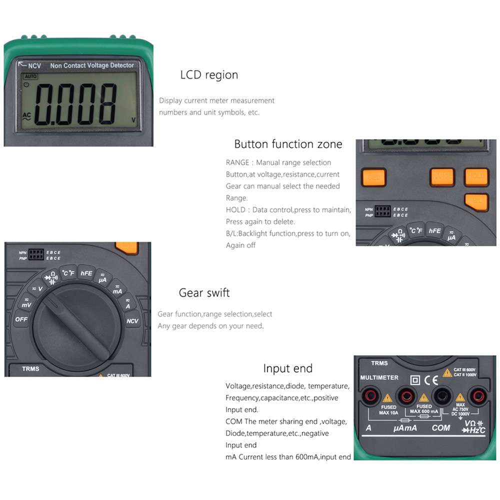 Digital Multimeter Voltage Current Meter Resistance Diode Capaticance Tester Temperature Meaurer Auto Manual Range NCV Function