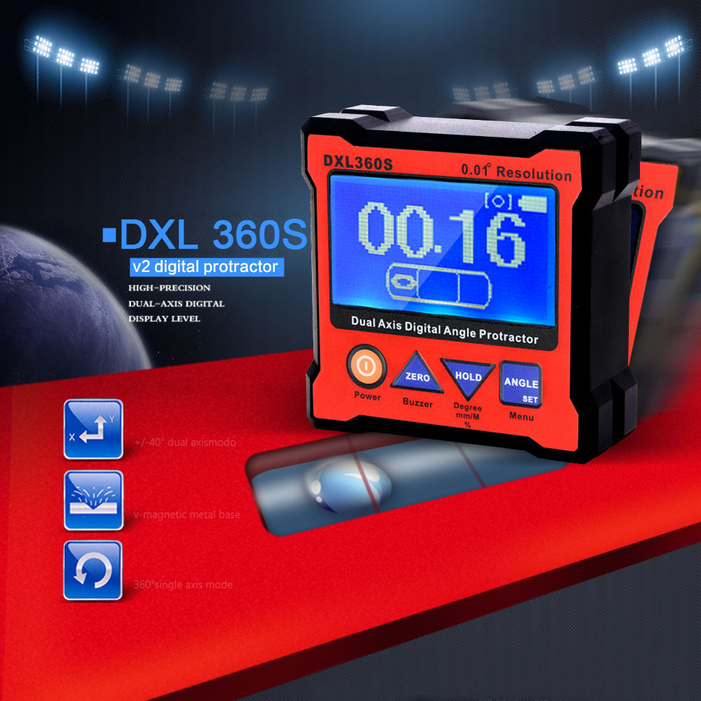 DXL360S Dual Axis Digital Angle Protractor High precision Dual axis Level Gauge with 5 Side Magnetic Base 100 240V 50 60Hz