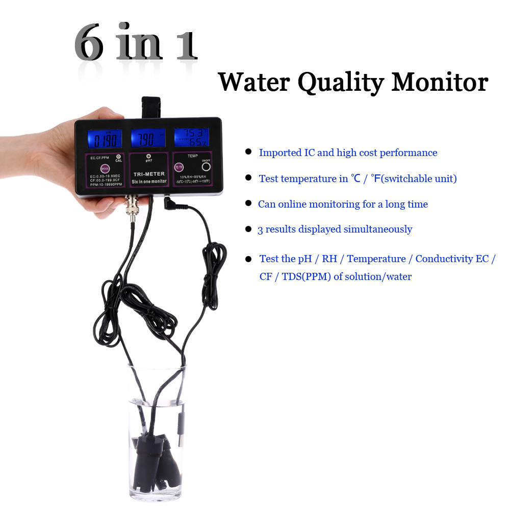 6 in 1 ph meter Water Quality Tester Monitor Multi parameter aquarium Water Meter Digital RH EC CF TDS(PPM) TEMP meter