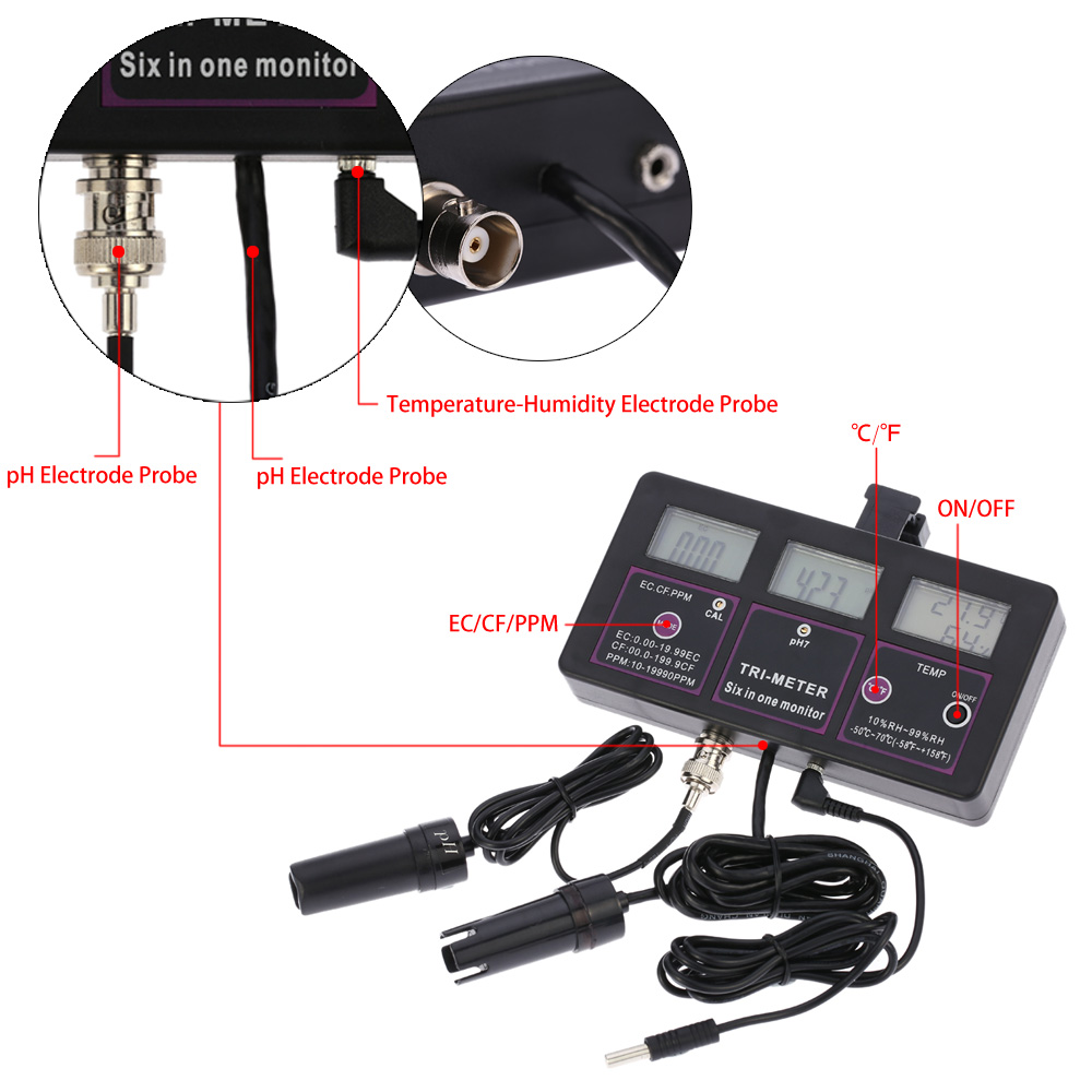 6 in 1 ph meter Water Quality Tester Monitor Multi parameter aquarium Water Meter Digital RH EC CF TDS(PPM) TEMP meter