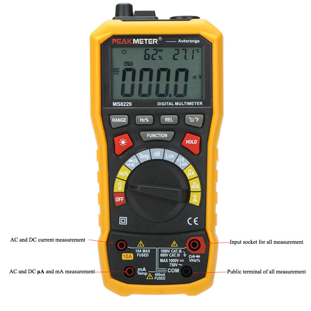 5 in 1 Auto Range Digital Multimeter Voltage Current Resistance Capacitance Meter Noise Temperature Humidity Luminance Tester