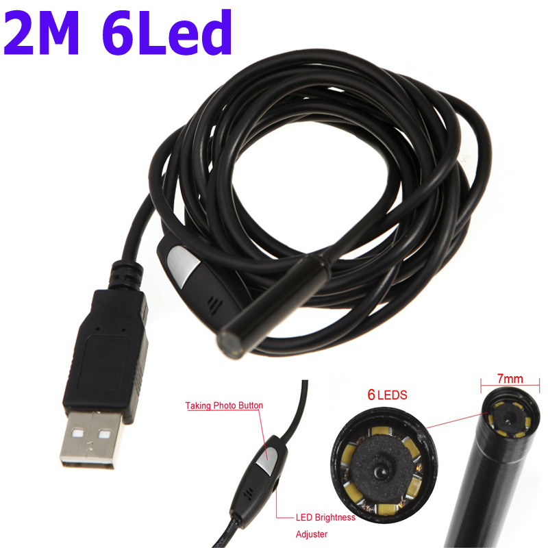 7mm USB Inspection Borescope Endoscope Snake Scope Waterproof Usb Microscope with Snaps Button 6pcs LED 2m Tube Endoscopio