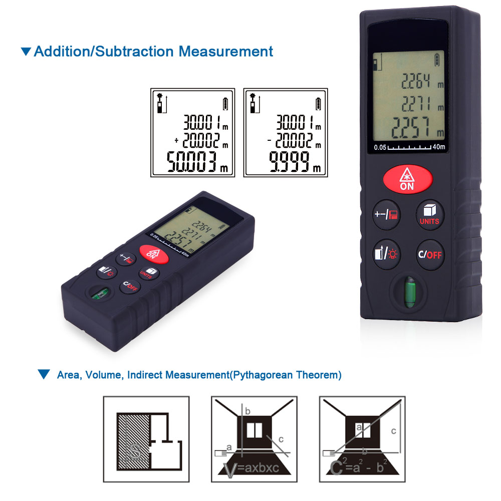 40m 131ft Mini Laser Rangefinder Handheld Digital Distance Meter High Accurate Range Finder Area Volume Measurement Level Bubble