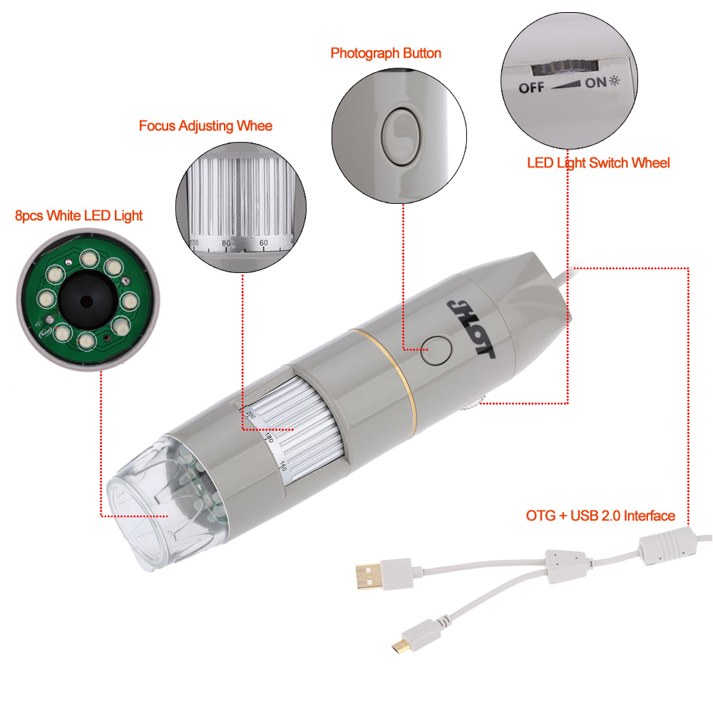 1X 500X USB Microscope OTG Function True 5.0MP Video Camera 8LED Magnification Digital Zoom Magnifier with Holder 4 50cm Focus