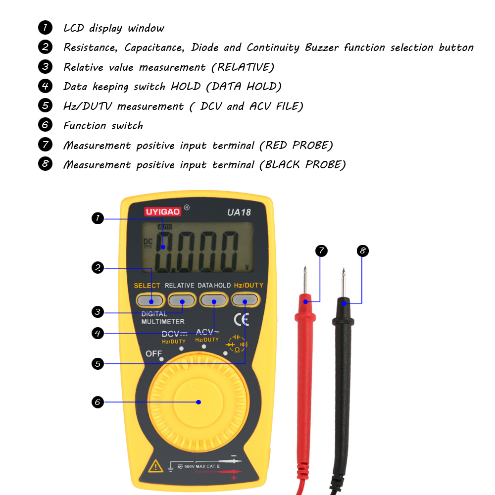 UYIGAO Portable Auto Digital Multimeter DMM Voltmeter Ammeter Ohmmeter AC DC Voltage Resistance Continuity Measurement Tester