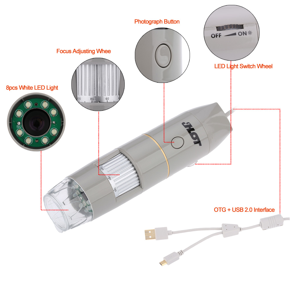 OTG Function USB Microscope 8LED Digital Zoom Magnifier with Holder True 5.0MP Video Camera 1X 500X Magnification 0 3cm Focus