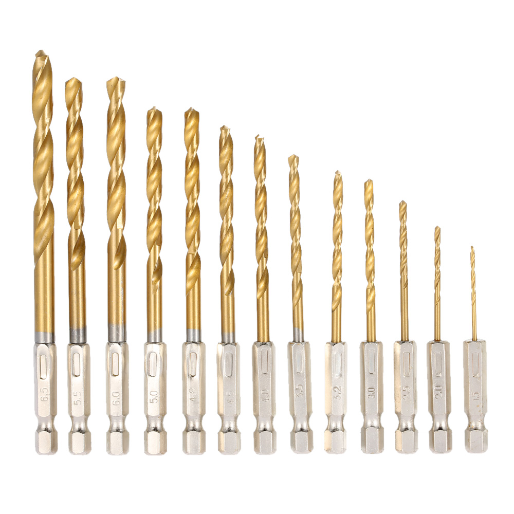 13pcs 1.5 6.5mm twist Drill Bits High Speed Steel 1 4 Hex Shank Drill Bit Set Titanium Coated Woodworking Tools Drilling dremel