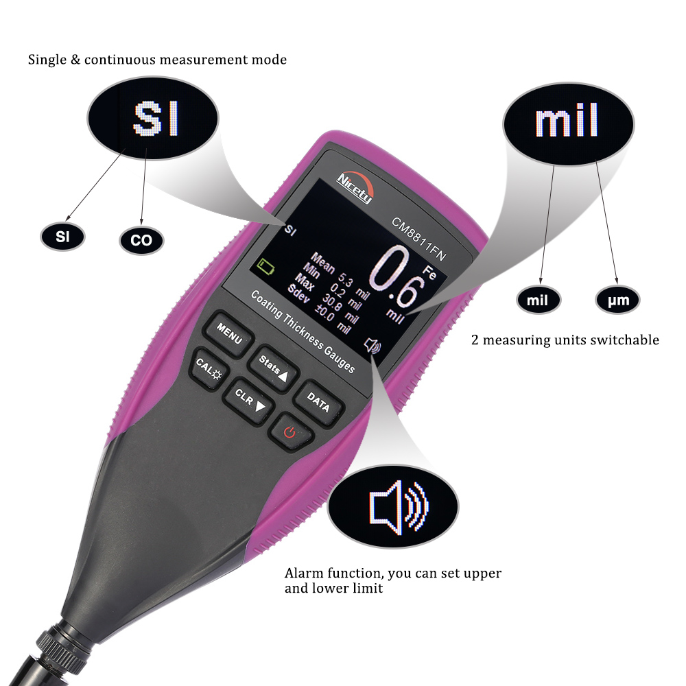 Intelligent Digital Coating Thickness Gauge coatings feeler gauge Fe NFe Single Continuous Measure Alarm Adjustable Brightness