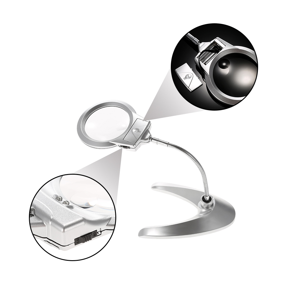 6X magnifying glass Multi functional desk magnifier lamp Flexible loupe microscope with Light Magnifying Glass Tool 90mm 2X 21mm