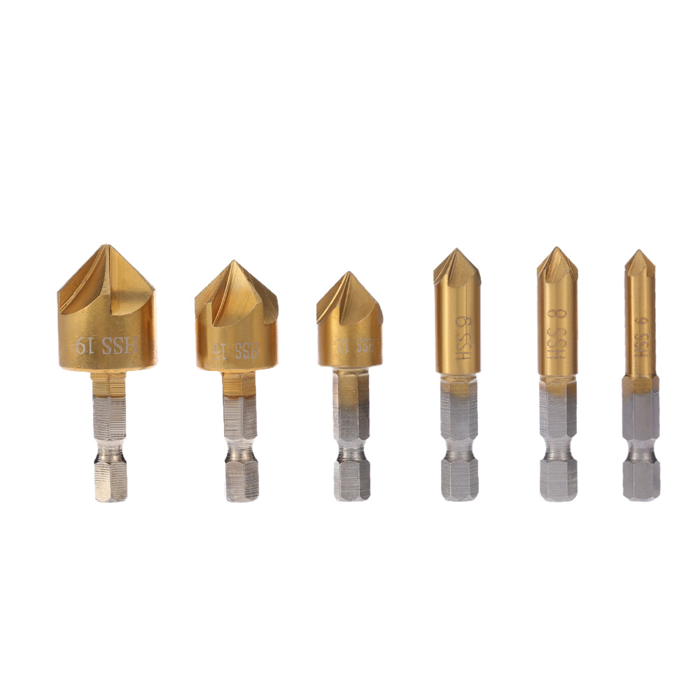 6pcs set Chamferring Tool 1 4 Inch Hexagonal Shank Five Edge Chamfer Countersink Set 90 Degrees Five Blade High Quality Steel