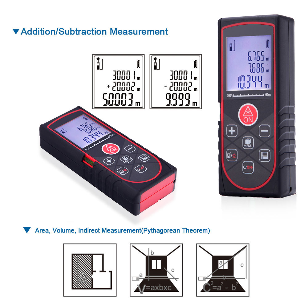 70m 229ft Mini Laser Distance Meter Handheld Digital Rangefinder High Precision Range Finder Area Volume Measurer Level Bubble