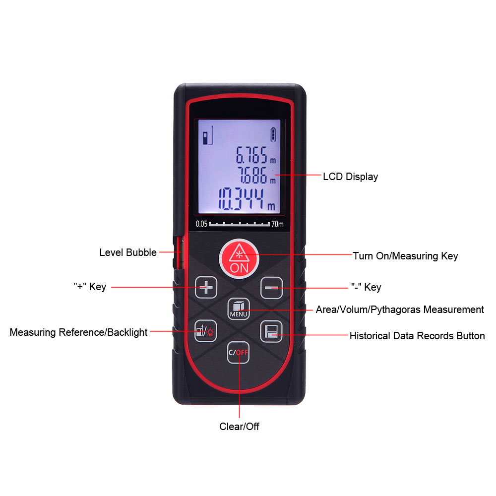 70m 229ft Mini Laser Distance Meter Handheld Digital Rangefinder High Precision Range Finder Area Volume Measurer Level Bubble