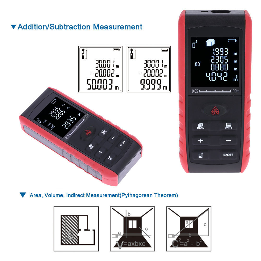 100m Portable Handheld Digital Laser rangefinder laser Distance Meter Range Finder Area Volume Measurement with Angle Indication