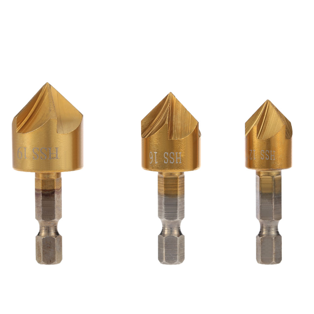3pcs Five Edge Chamfer Countersink Set 1 4 Inch Hexagonal Shank Chamferring Tool Five Blade High Quality Steel Titanium Plated