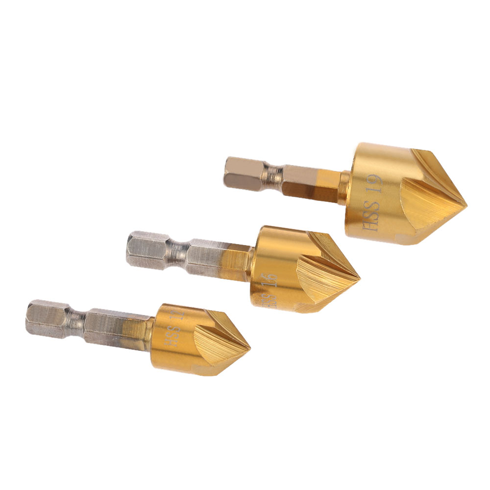 3pcs Five Edge Chamfer Countersink Set 1 4 Inch Hexagonal Shank Chamferring Tool Five Blade High Quality Steel Titanium Plated