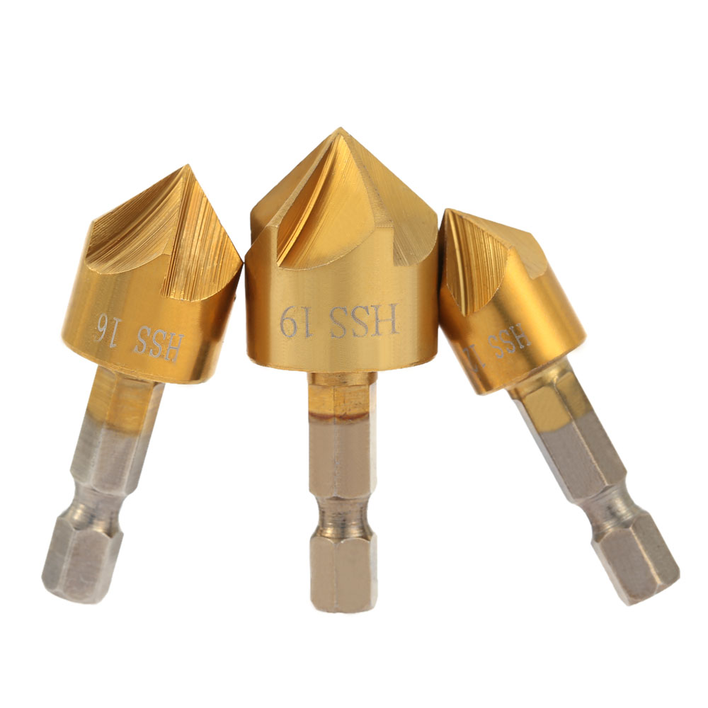 3pcs Five Edge Chamfer Countersink Set 1 4 Inch Hexagonal Shank Chamferring Tool Five Blade High Quality Steel Titanium Plated