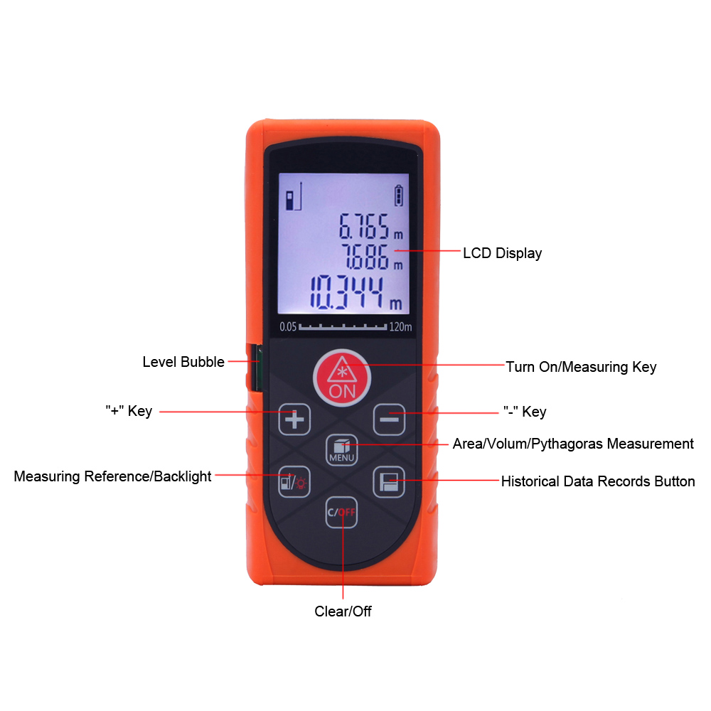 120m 394ft Mini Laser Distance Meter Handheld Digital Rangefinder High Precision Range Finder Area Volume Measurer Level Bubble