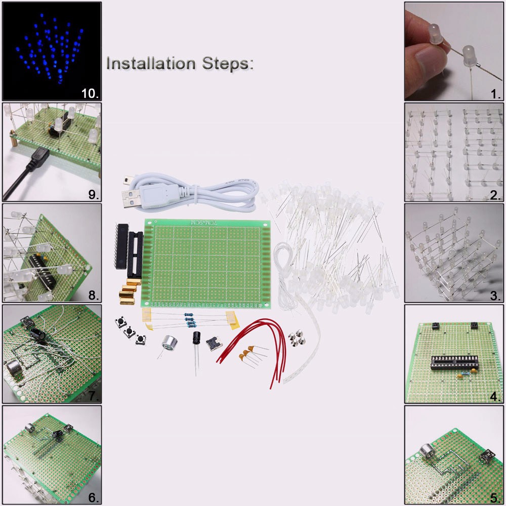 Funny DIY LED Cube Kit 4x4x4 Blue Light Electronic DIY Kit 64pcs LEDs Sound Control Electronic Learning Set Electronic Component