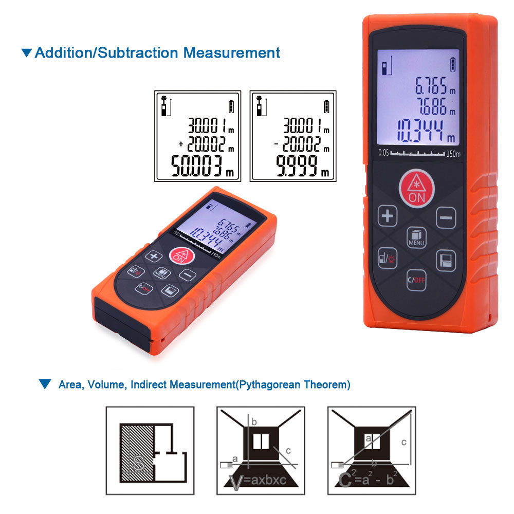 150m 492ft Mini Handheld Digital Laser Distance Meter High Precision Range Finder Distance Area Volume Measurement Level Bubble