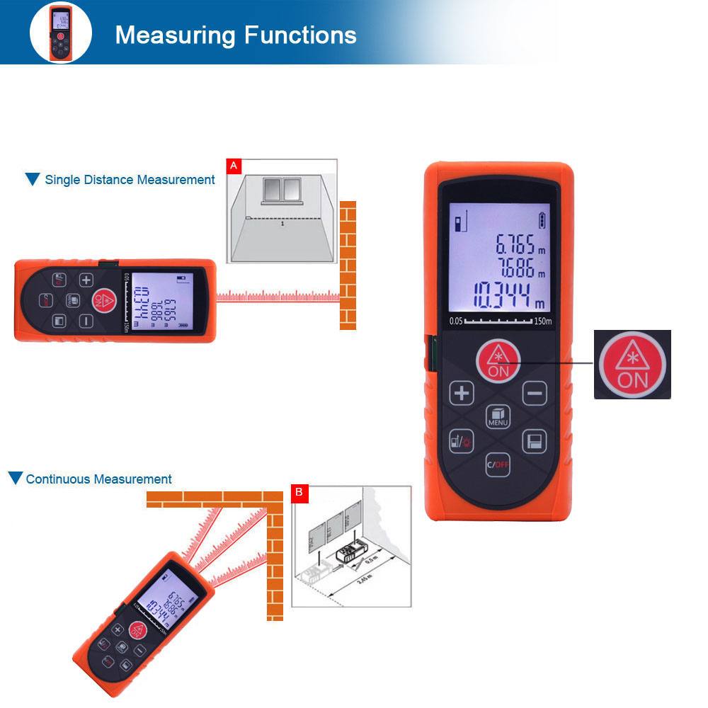 150m 492ft Mini Handheld Digital Laser Distance Meter High Precision Range Finder Distance Area Volume Measurement Level Bubble