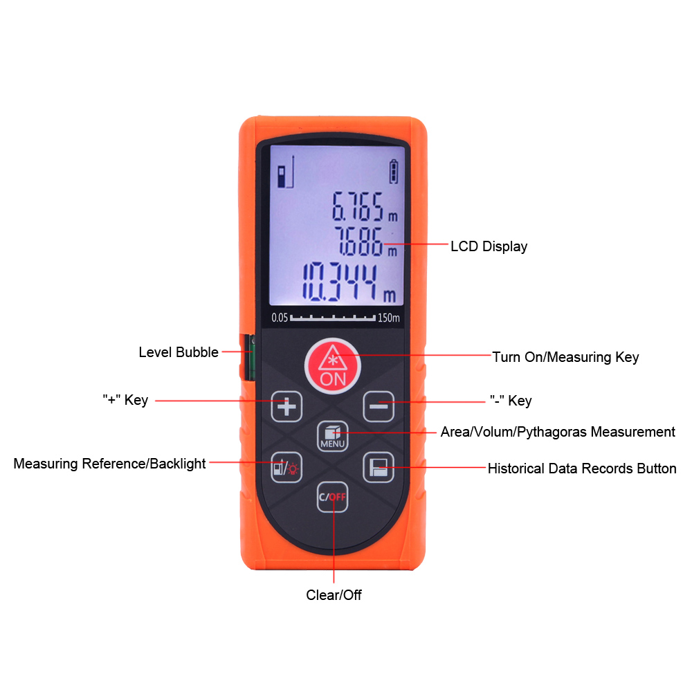 150m 492ft Mini Handheld Digital Laser Distance Meter High Precision Range Finder Distance Area Volume Measurement Level Bubble