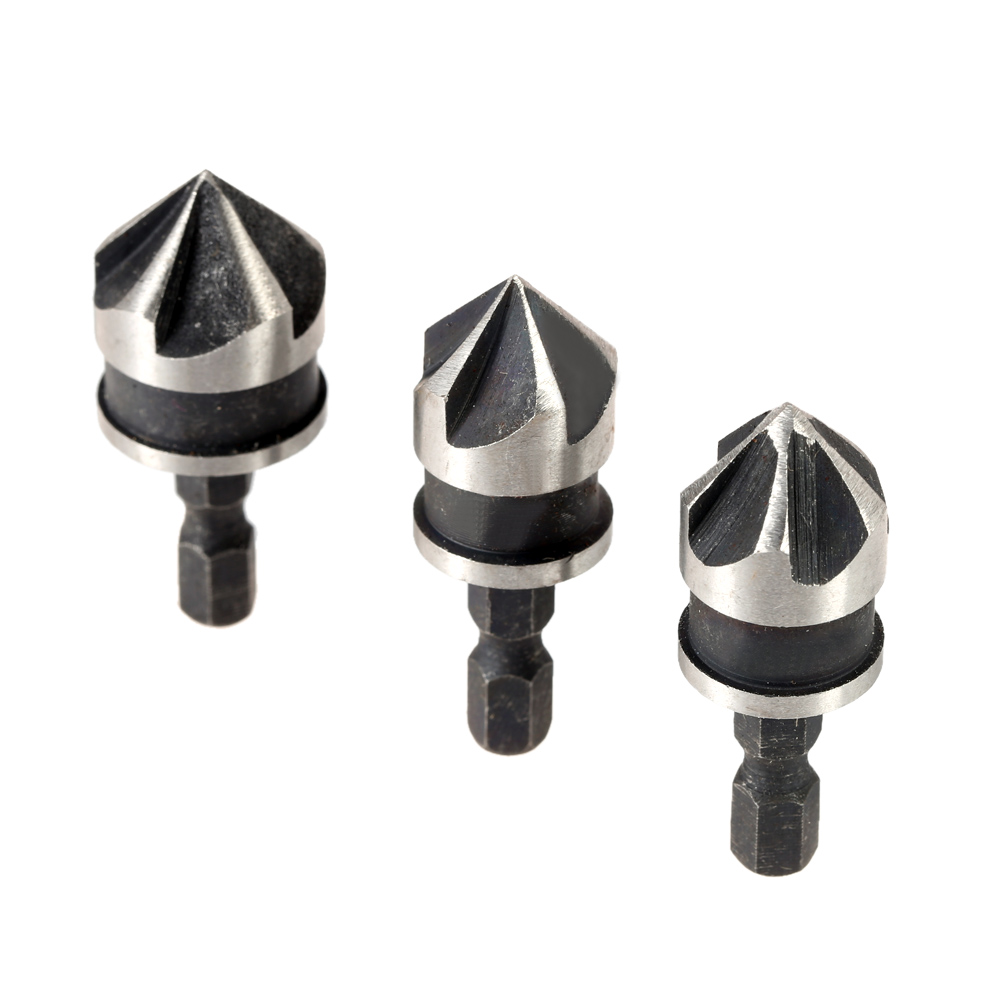 3pcs set 90 Degrees Countersink Set Five Blade High Carbon Steel 1 4 Inch Hexagonal Shank Five Edge Chamfer Tool 12mm 16mm 19mm