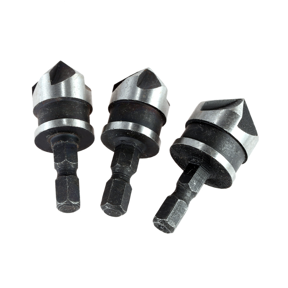 3pcs set 90 Degrees Countersink Set Five Blade High Carbon Steel 1 4 Inch Hexagonal Shank Five Edge Chamfer Tool 12mm 16mm 19mm