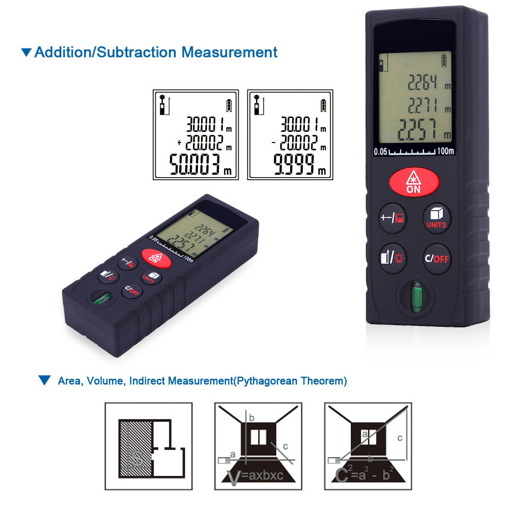 100m 328ft Mini Laser Distance Meter Handheld Digital Rangefinder High Precision Range Finder Area Volume Measurer Level Bubble