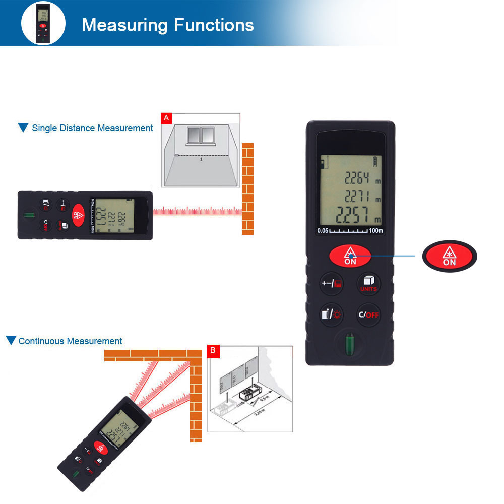 100m 328ft Mini Laser Distance Meter Handheld Digital Rangefinder High Precision Range Finder Area Volume Measurer Level Bubble