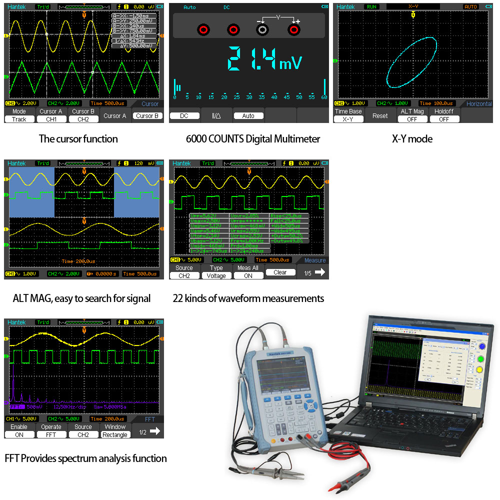 Hantek Professional High Cost Effective Digital Oscilloscope Handheld 2 Channels Oscilloscope Multimeter 200MHz 500MSa s DSO1200