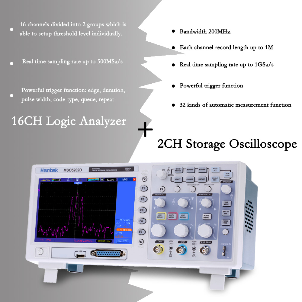 Hantek MSO5202D Mixed Signal 200MHz 2CH 1Gsa s 1M Digital Storage Oscilloscope 16CH Logic Analyzer diagnostic tool osciloscopio