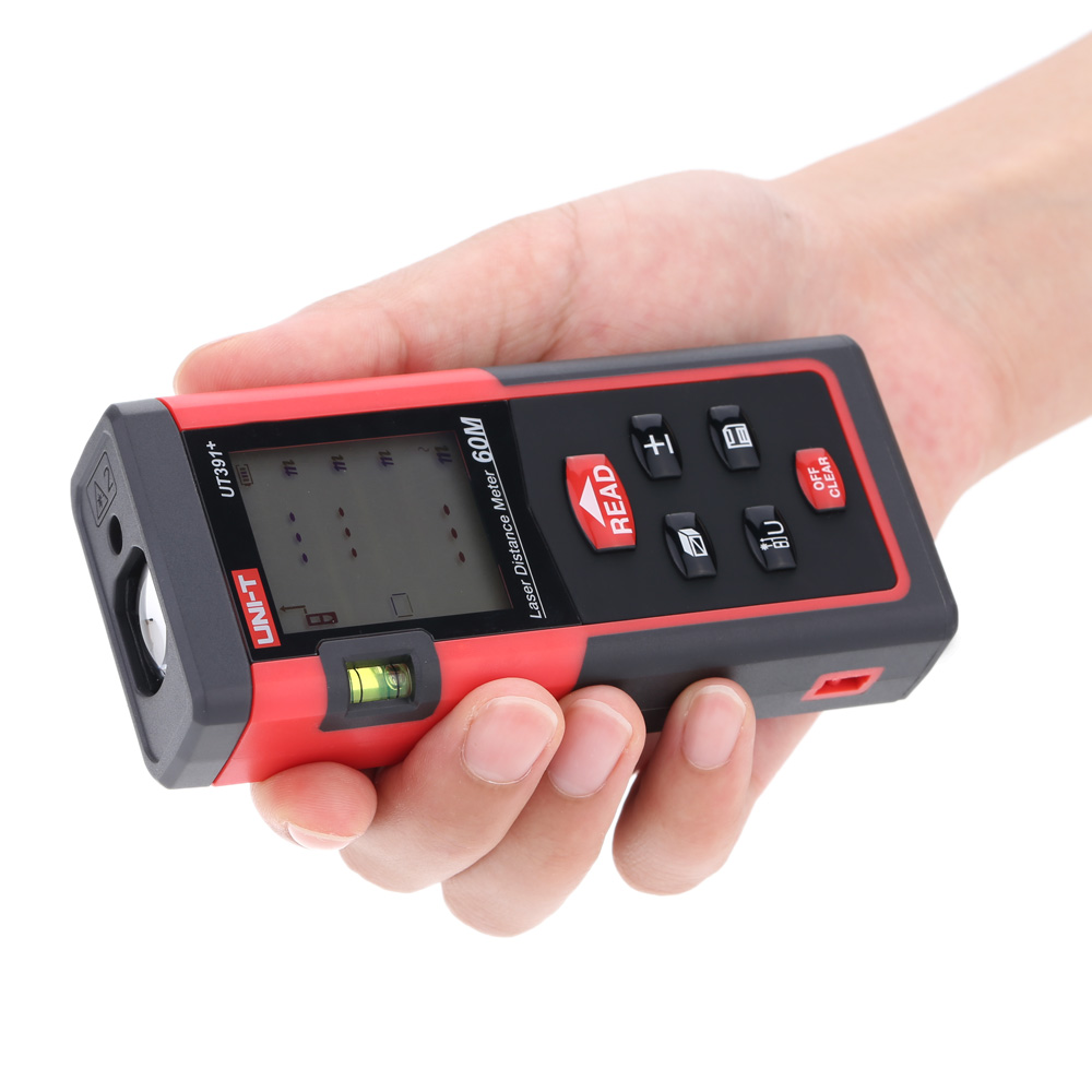 UNI T UT391+ Good Laser Rangefinder Handheld 60m Digital Laser Distance Meter Distance Area Volume Self calibration Level Bubble