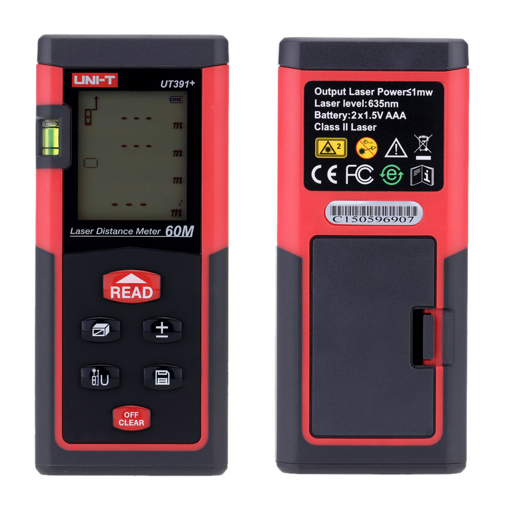 UNI T UT391+ Good Laser Rangefinder Handheld 60m Digital Laser Distance Meter Distance Area Volume Self calibration Level Bubble