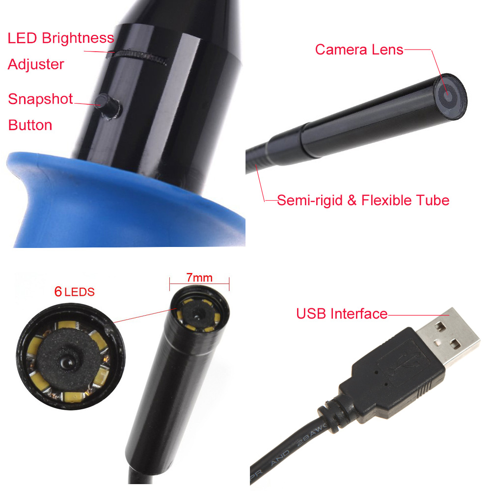 7mm Waterproof Flexible Magnifier USB Endoscope Waterproof Inspection Camera Borescope with Handle 6pcs LED