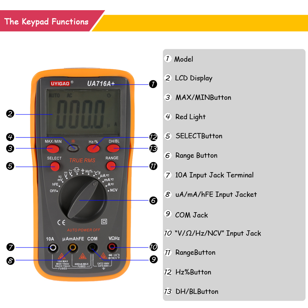 Digital Multimeter Voltmeter Ammeter Current Resistance Capacitance diagnostic tool Frequency Diode Temperature Triode Tester